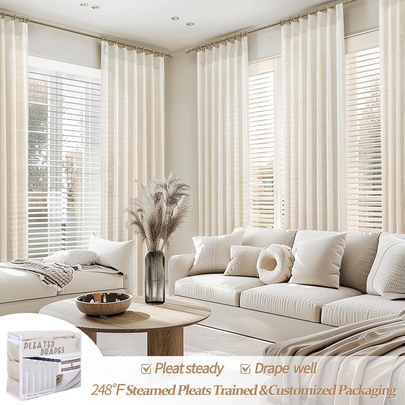 PleatedDrapes ستائر مطبخ مرشحة للضوء بطول 63 بوصة مجموعتين، ستائر الطابق السفلي لنافذة صغيرة كريمية باللون البيج مع مزيج من الكتان المطوي وعلامة تبويب خلفية شبه شفافة قصيرة للنوافذ الكبيرة 40 بوصة عرض × 63 بوصة طول - Image 5